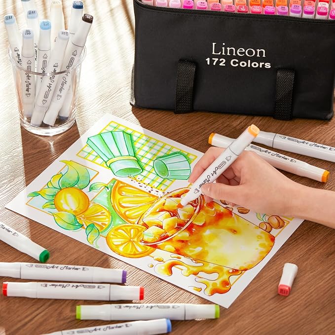 Lineon 172 Colors Alcohol Based Dual Tip Art Markers, 171+1 Blender Permanent Marker Pens Plus 1 Marker Pad 1 Case Perfect for Kids Adult Artist Coloring Books Drawing Sketching and Card Making