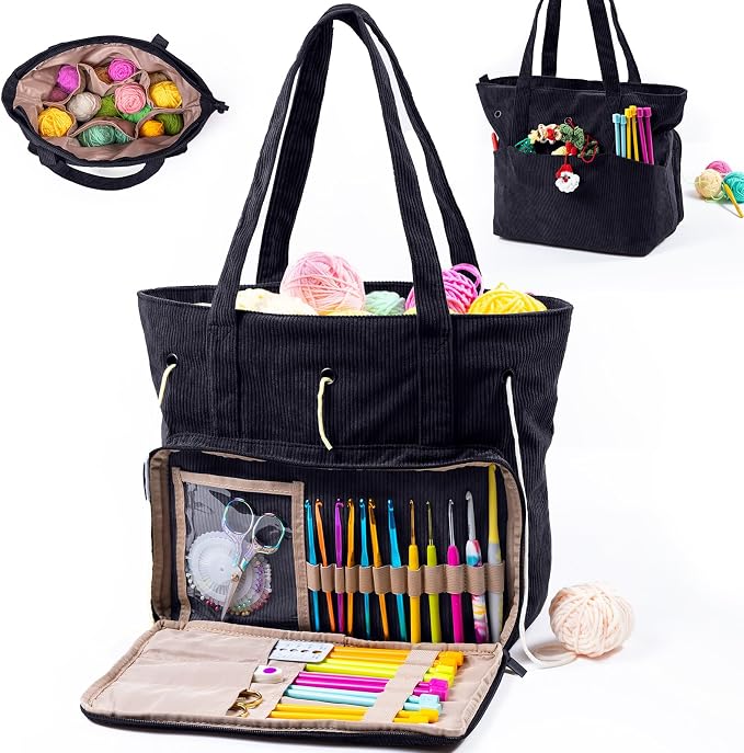 MYBAGZING Large Yarn Tote Organizer – Corduroy Knitting Storage Holder for Yarn, Hooks & Accessories, Portable Craft Carryall for Crocheting Lovers, Mother’s Day Gift