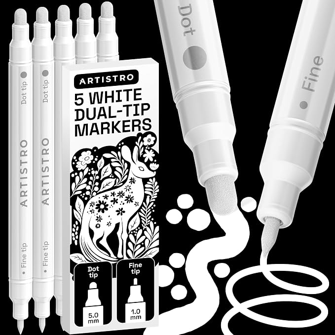 ARTISTRO White Dual-Tip Acrylic Paint Marker Pens - Set of 5 | For Fabric, Rock, Glass, Wood, & Coloring Books, Arts & Crafts Gift, Classroom Must Haves & School Supplies (Dot & Fine Tips)