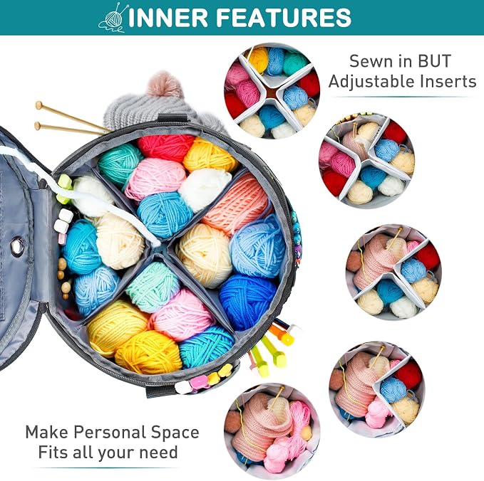 MYBAGZING Expandable Yarn Storage Organizer, Crochet Bag & Yarn Tote with Zipper Closure, Yarn Holder for Crocheting and Knitting for Yarn Skeins, Hooks, Needles, Accessories – Gift for Crafters