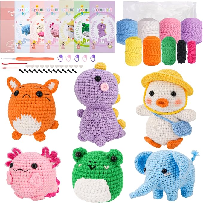 Gerute 6Pcs Crochet Kit for Beginners,Crochet Animal Kit with Step-by-Step Video Tutorial, Crocheting Kit for Starters, Beginner Crochet Kits for Adult Kid Women Men Complete Kit Included （40%+ Yarn