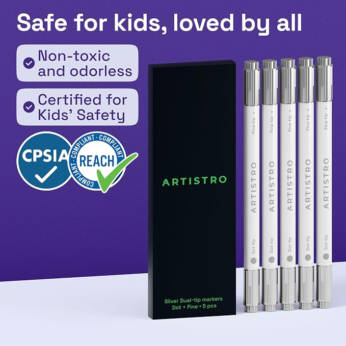 ARTISTRO Silver Dual-Tip Acrylic Paint Marker Pens - Set of 5 | For Fabric, Rock, Glass, Wood, & Coloring Books, Arts & Crafts Gift, Classroom Must Haves & School Supplies (Dot & Fine Tips)