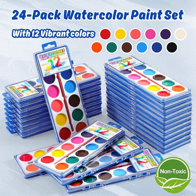 24 Packs Watercolor Paint Set Bulk, 12 Vibrant Colors Washable Watercolors with Brushes for Kids, Art Activities Painting Supplies for School Classroom Home