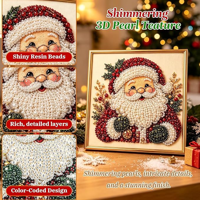 Irsnianianfa DIY Christmas Pearl Diamond Art Painting Kit with Frame,11.8x11.8in 3D Christmas Pearl Beads Art Craft for Adults Beginner,Holiday Christmas Wall Decor,Healing Stress-Relieving(A03)