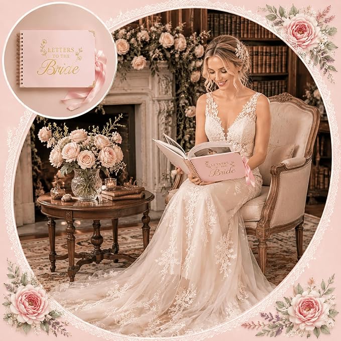 Ratutodax Letters to The Bride Scrapbook Kit,10"x8" DIY Wedding Guest Book | Blush Pink;Lay-flat gold coil design;50 blank pages of 180gsm;Fits 5" x 7" photos;160+ accessories;Bridal Shower Gift