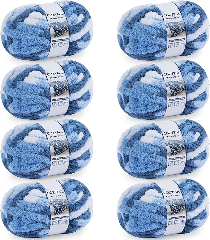Cozyful Chunky Yarn for Hand Knitting - #10 Chunky Chenille Blanket Yarn, Jumbo Big Thick Chunky Yarns for Crocheting, Tie Dye Bulky Knit Yarns, 8 Skein (20 yds 8 oz Each Skein), Sky&Navy&Royal&White
