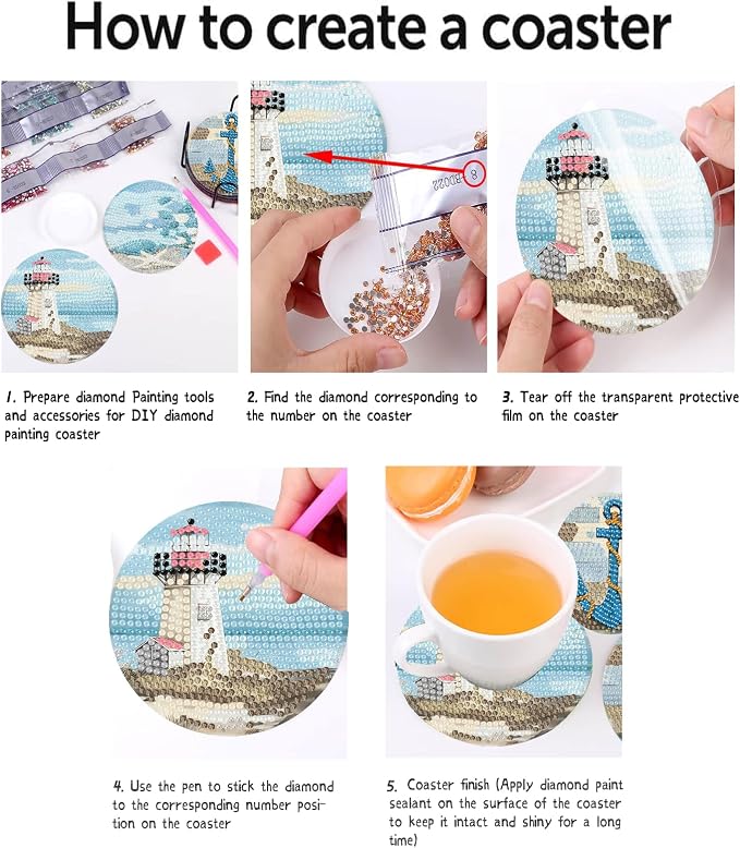 askkqtx 8 Pcs Beach Diamond Art Coasters Kits with Holder 4X4 Inch