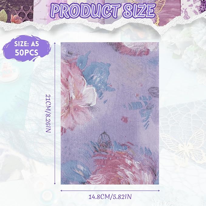 50 Sheets Purple Scrapbook Paper, A5 Scrapbooking Textured Decor Papers