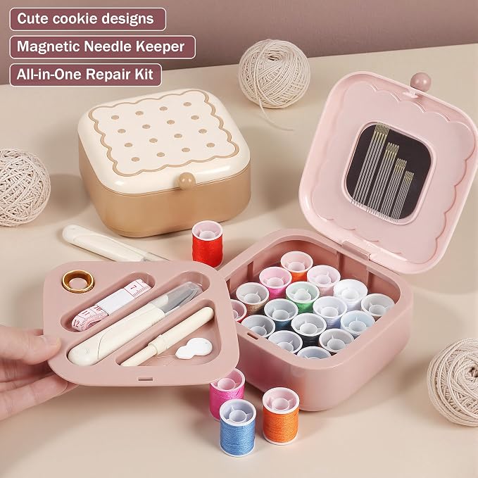 LOTOFUN Small Sewing Kit Box: Cute Portable 2-Layer Organizer Magnetic Needle and Thread Kits Holder Basic Case - Home Clothes Repair for Beginners (Pink)