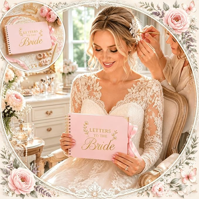 Ratutodax Letters to The Bride Scrapbook Kit,10"x8" DIY Wedding Guest Book | Blush Pink;Lay-flat gold coil design;50 blank pages of 180gsm;Fits 5" x 7" photos;160+ accessories;Bridal Shower Gift