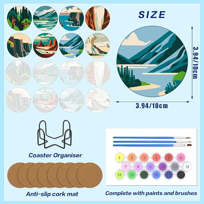 8 Pack Mountain Paint by Numbers Kits Coasters with Holder Cork Pads | Landscape Paint by Number Kit for Adult Simple Round Oil Painting Coaster for Small DIY Craft Holiday Birthday Gift 3.9x3.9in