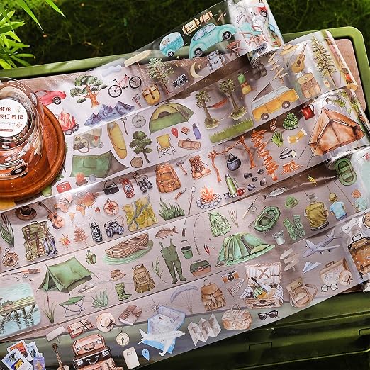 6 Rolls Travel PET Tape Set with Clip, Camping and Adventure-Themed Sticker Tape for Journaling, Scrapbooking, and DIY Crafts