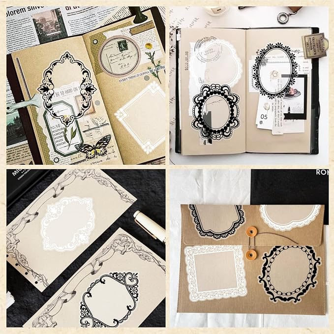PRSTINCOL 240 PCs Lace Scrapbook Stickers,Waterproof Cutout Transparent Sticker PET Transparent Lace Stickers for Scrapbooking DIY Decoration Making Notebook Frame Album Handmade(Black and White)
