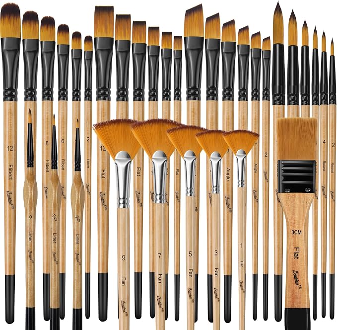 Bougimal 33 Pcs Paint Brush Set, No-Shedding Artist Paint Brushes | Art Paint Brushes with Flat Round Filbert Fan Angle Detail Brush for Acrylic, Oil, Watercolor, for Artists & Beginners