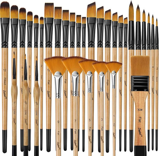 Bougimal 33 Pcs Paint Brush Set, No-Shedding Artist Paint Brushes | Art Paint Brushes with Flat Round Filbert Fan Angle Detail Brush for Acrylic, Oil, Watercolor, for Artists & Beginners