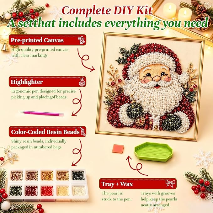 Irsnianianfa DIY Christmas Pearl Diamond Art Painting Kit with Frame,11.8x11.8in 3D Christmas Pearl Beads Art Craft for Adults Beginner,Holiday Christmas Wall Decor,Healing Stress-Relieving(A03)