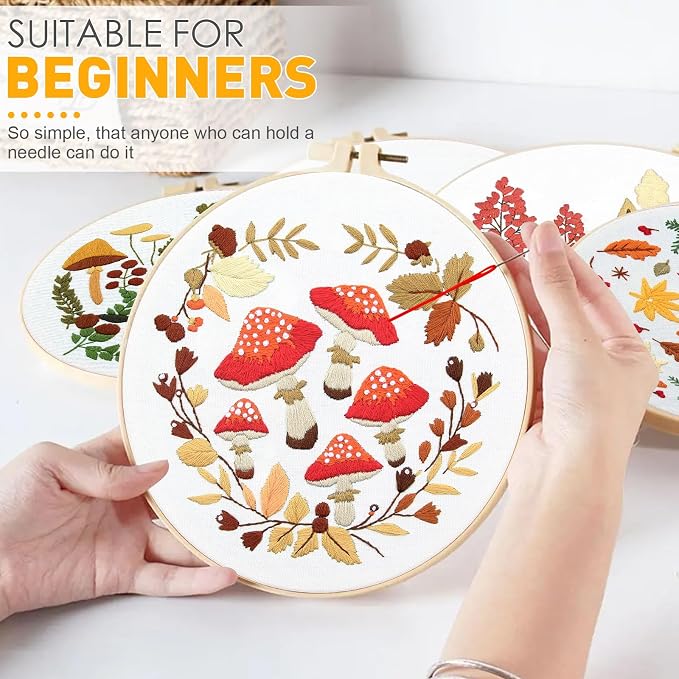 5 Sets Thanksgiving Fall Embroidery Kit for Beginners Adults Embroidery Starter Kit Mushroom Maple Leaf Cross Stitch Kits Embroiderys Needlepoint Kits Include Instruction 2 Hoops Color Threads Needles