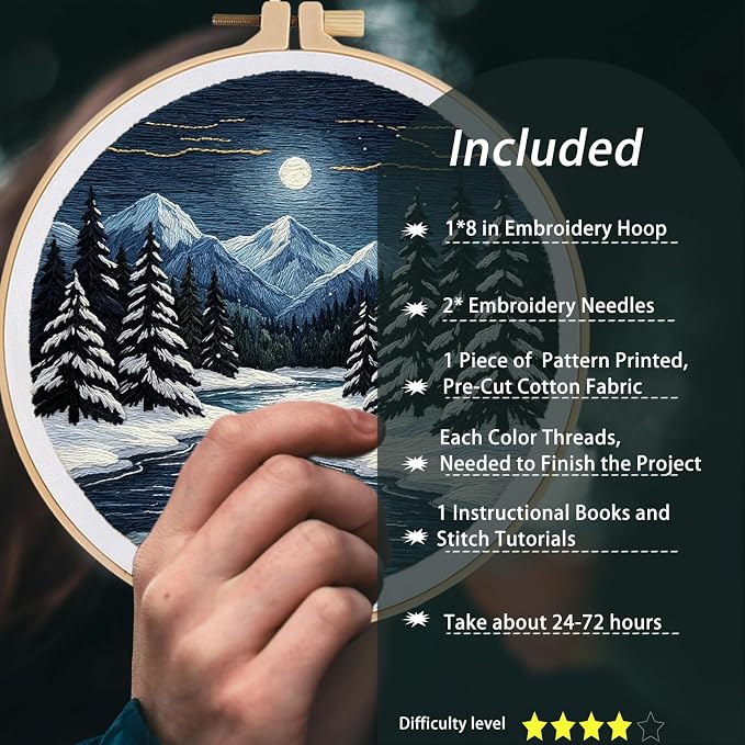 FONNUY Embroidery Kit for Beginners, Boho Nature Landscape Pre-Stamped Pattern Kits for Adults with Hoop, Easy to Follow Color Thread Needlework, 8'' Hoop (Winter Night)
