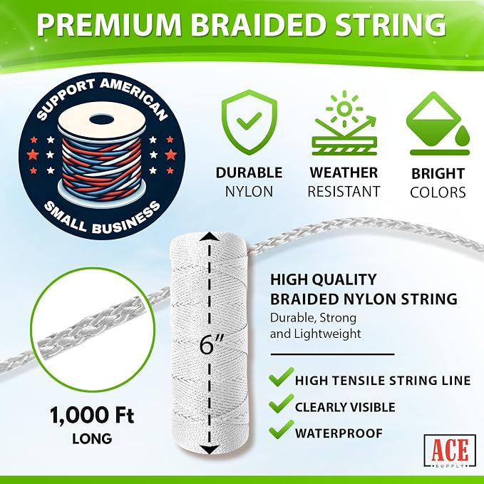 White Mason Line String Line - #18 Braided Nylon String - 6,000 Ft Length - Nylon Twine for Gardening Or Masonry Tools - Perfect Construction String for A String Level, Twine String for Gardening