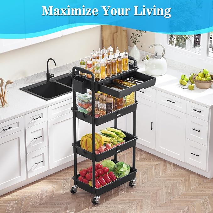 SUNALLY 4 Tier Rolling Cart with Drawer, Craft Storage Cart Organizer,Black