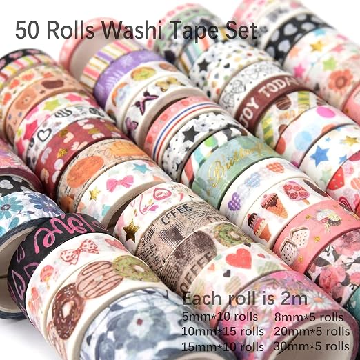 50 Rolls Washi Tape Set, Assorted Sizes, for Junk Journal Scrapbook, Bullet Journaling Scrapbooking Supplies, Planner Sticker DIY Craft Decor (Serene Basics)