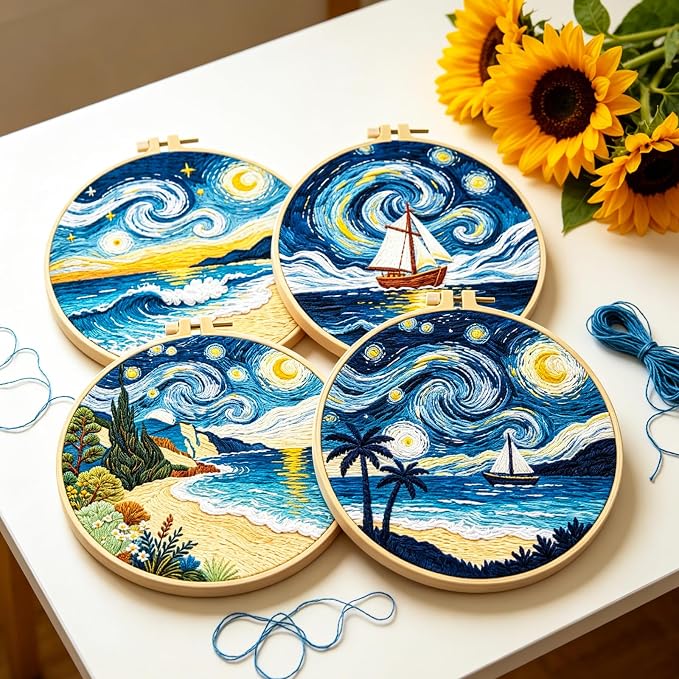 BEUNITONE 4pcs Embroidery Kit, Starry Sky & Beach Stamped Embroidery Kits with Hoop, Thread & Needles, Cross Stitch Kits Sewing Gifts for Adults and Beginners, DIY Craft for Relaxation