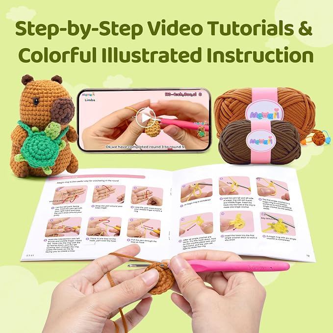Mewaii Capybara Crochet Kit for Beginners, 40% Extra Yarn | Video Tutorial, Pre-Started Piece, Gift Box, Level 1 Starter Kit, Family Craft for Adults, Kids & Beginners