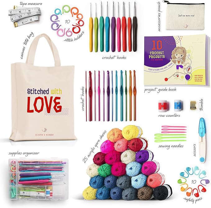 Hearth & Harbor Crochet Kit 80 Piece with 2500 Yards Assorted Yarn Kit, Ergonomic Hooks, Crocheting Instruction, Knitting & Crochet Supplies - Beginner Crochet Kits for Adults, Ideal for Amigurumi