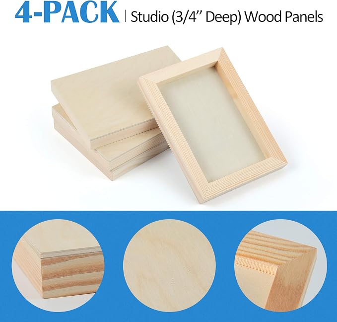 Falling in Art 4 Pack 5x7’’ Unfinished Birch Wood Panels Kit for Painting | Studio 3/4’’ Deep Wooden Canvas, Cradle Boards for Acrylic Pouring, Art, Crafts, Epoxy Resin, Laser Engraving Cutting