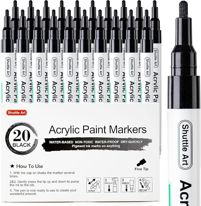 Shuttle Art 20 Black Fine Tip Acrylic Paint Pens