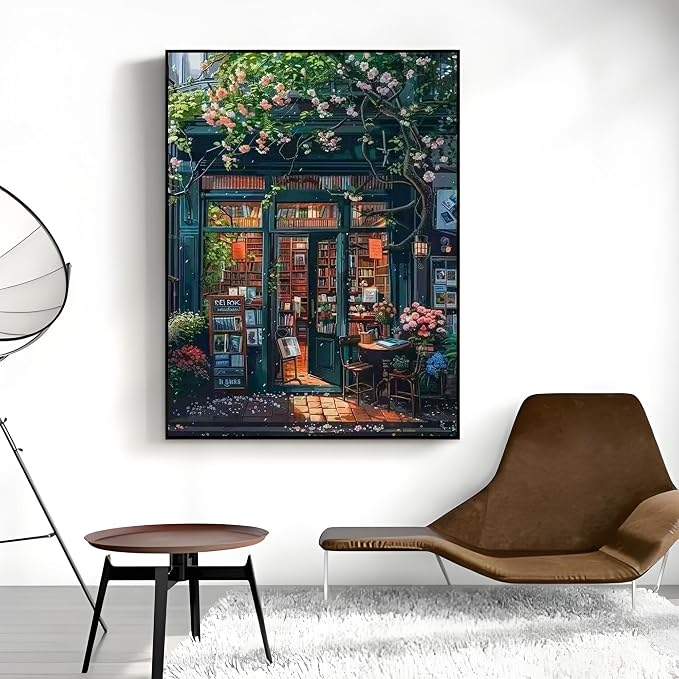 OJTOYART Paint by Numbers Kit for Adults,Bookstore Painting by Numbers for Beginner, DIY Acrylic Watercolor Oil Colorful Painting by Number Without Frame for Home Wall Decor 16 x 20 inch
