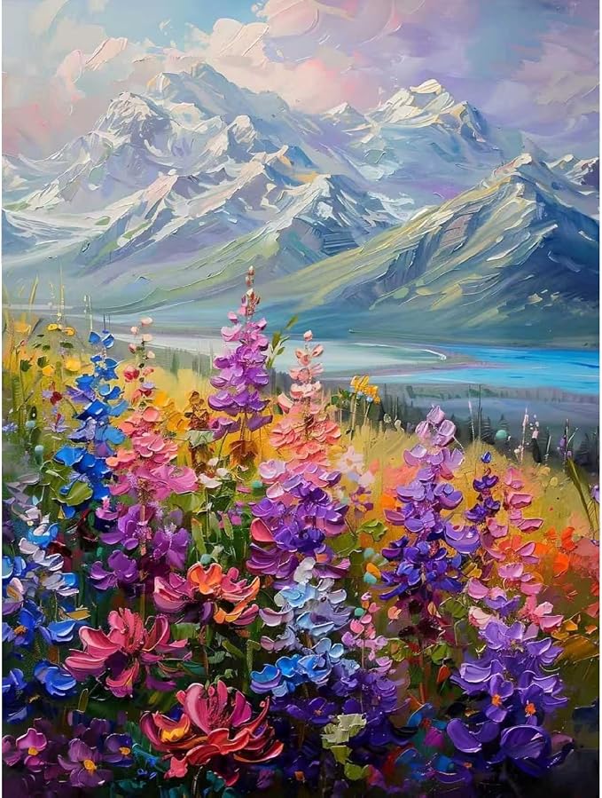 pchmcu Wild Flowers Paint by Numbers Kits for Adults - Mountain Flowers Paint by Number Adult,Landscape Canvas Paint by Numbers for Adults,DIY Oil Painting Kits for Gifts Home Decor 16x20in