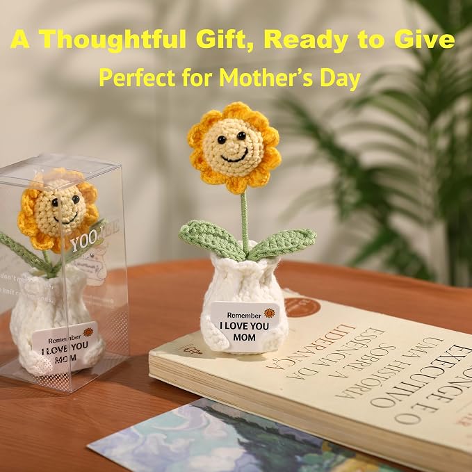 Crochet Sunflower Gift for Mom from Daughter Son, “I Love You Mom” Handmade Flower, Cute Desk Decor, Appreciation Ready-to-Gift with Box