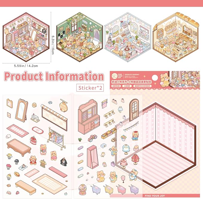 Girls 3D Miniature Scene Stickers, 4 Sets Mini Shop DIY House Stickers for Clothing Store, Coffee Shop, Bakery, Dessert Shop, Cute 3D Cartoon Sticker Scenes for Adult Kids Relief Stress Pass The Time