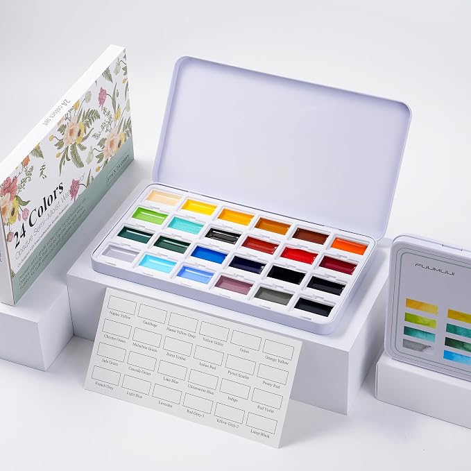 Fuumuui CREAMORA Watercolor Paint Set 24 Color Opaque Semi-Solid Timeless Tones | Professional Art Supplies with Strong Pigments & Coverage, for Artists Beginner Painters Amateur Hobbyists Painting