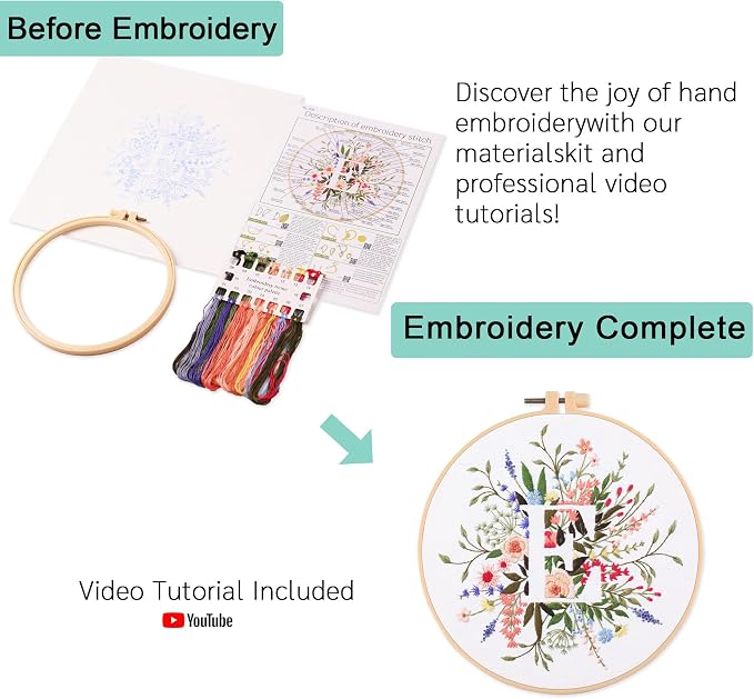 Harimau Letter E Pattern Embroidery Kit for Adult Beginners, Complete Starter Pack with 1 Hoop, Needles, Instruction Guide & Embroidery Stitch Video Tutorials