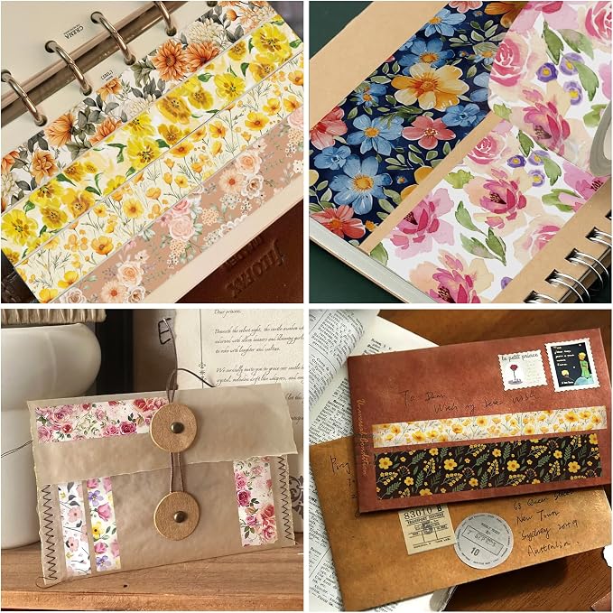 21 Rolls Yellow Floral Washi Tape Set - Retro Sunflower/Daisy/Rose Pattern Decorative Tape for Scrapbooking, Journaling, Junk Journal, Craft Supplies, Romantic Aesthetic Gift for Handmade Lovers