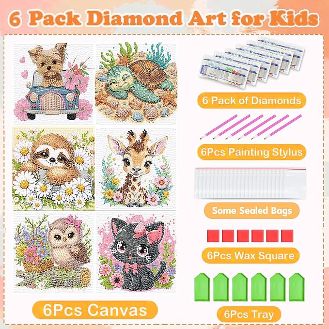 ajepon 6 Pack Animal Diamond Art Kits for Kids, Cute Animals Diamond Art for Kids Ages 8-12, Cat Dog Turtle Sloth Giraffe Owl Diamond Painting Kits for Kid for Gift Home Wall Decor (6x6inch)