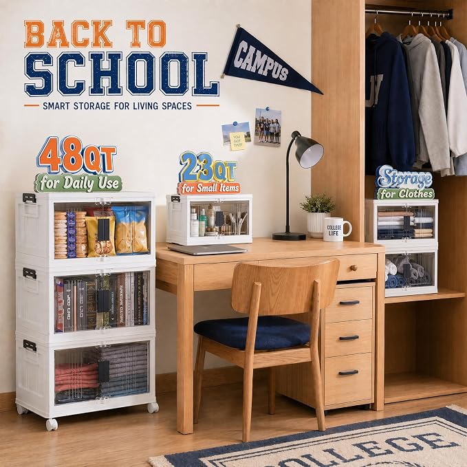 OlarHike 144QT Storage Bins with Lids for Closets, Office, Dorm, 3 Pack | Multi-Lid, Lockable Cabinet, Doors & Wheels, Foldable & Collapsible, Stackable Organizers, Plastic Drawers, School, Game Day