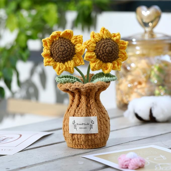 Crochet Sunflower Gift for Mom – Handmade Double Sunflower Pot, Cute Mother’s Day & Birthday Gift for Women, Dad, Teacher, Friend, Coworker, Inspirational Desk Decor
