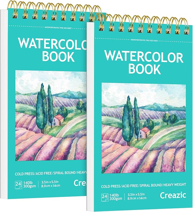 Creazic 2 Pack Small Watercolor Sketchbook, 3.5" x 5.5" Watercolor Notebook
