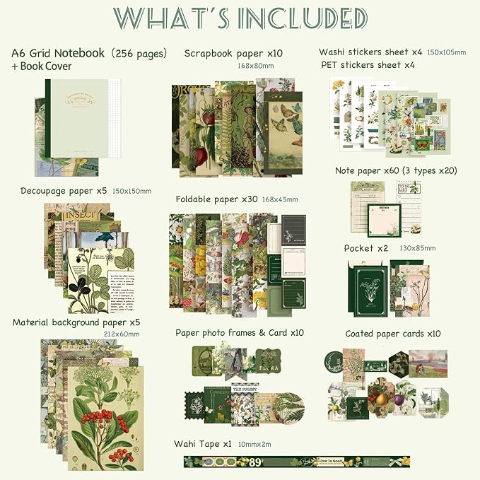 Scrapbooking Supplies Kit, A6 Grid Notebook, Vintage Junk Journaling Kit