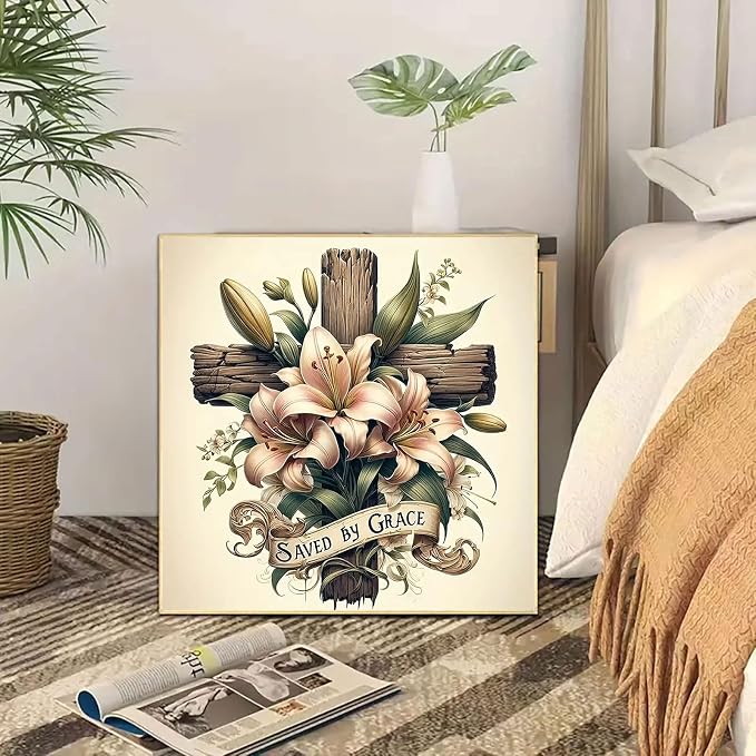 CHWGLFGG 5D Cross Diamond Art Kits for Adults Beginners 13.7X13.7Inch | DIY Full Round Drill Diamond Painting Kit Religious Cross With Lily Flowers, Paint by Diamonds Dot Gem Art, Home Wall Decor