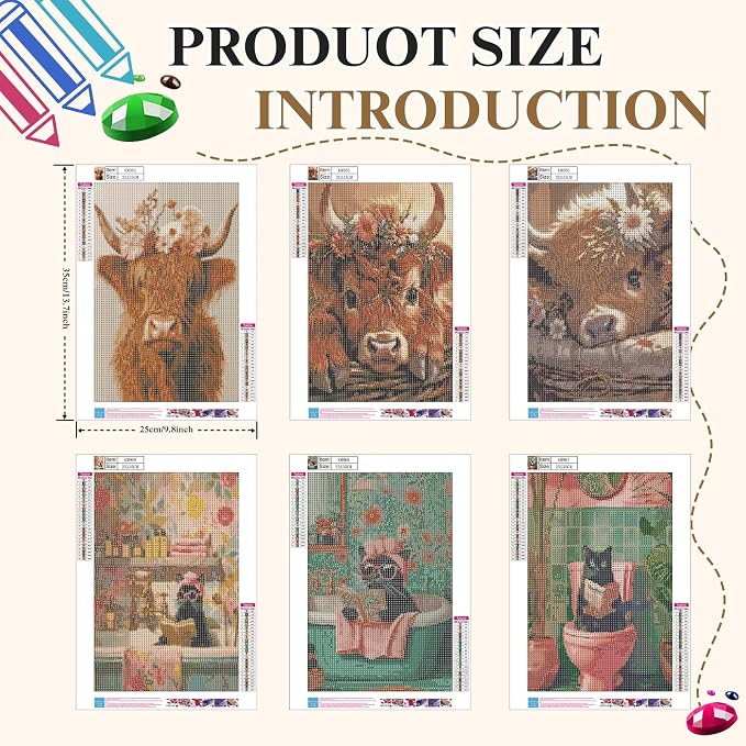 6 Pack 5D Highland Cow Black Cat Diamond Painting Kits 9.8x13.7 Inch