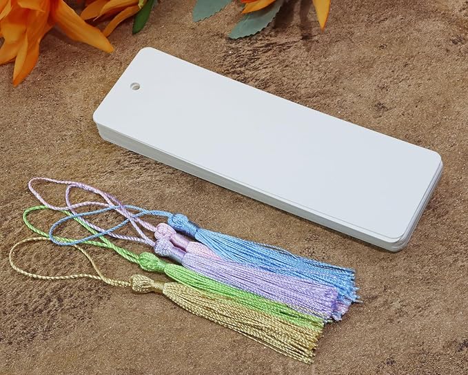 Kraft Paper Book Page Marks 25Pcs Unfinished Blank Craft Cardstock Page Marker with 25Pcs Colorful Silky Tassel for Christmas Gift Stocking Stuffer Present Tags and DIY Projects (White)