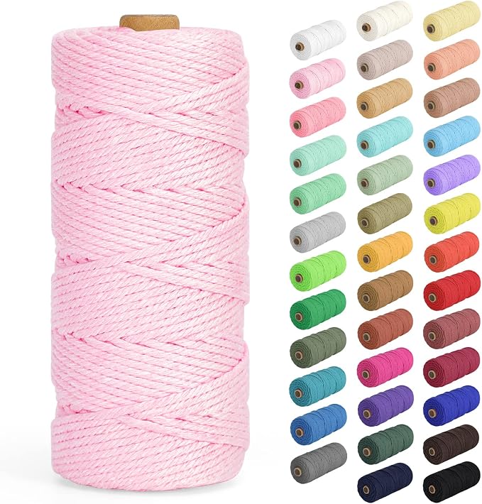 Macrame Cord 2mm x 220Yards (656Feet), Natural Cotton Macrame Rope - 2 Strands Twisted Macrame Cotton Cord for Wall Hanging, Plant Hangers, Crafts, Gift Wrapping and Wedding Decorations, Light Pink