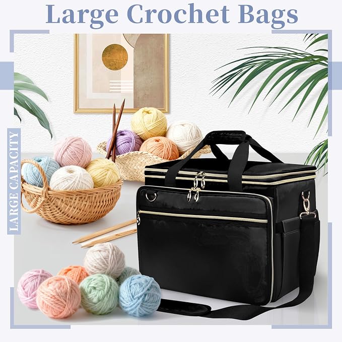 Anitor Large Crochet Bag Knitting Bag Yarn Storage Tote, Yarn Bag, Black