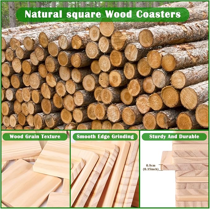 38 Pack Unfinished Wood Coasters - 4 Inch Square Blank Wooden Coasters with Non-Slip Silicon Dots for DIY Crafts, Architectural Models, Drawing, Painting, Wood Engraving