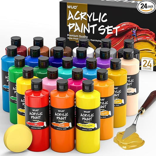 WUO 24 Colors Acrylic Paint Set, 250ml/8.45oz Professional Acrylic Paint | Large Bulk Rich Pigment Non-Toxic Multi-Surface Art Supplies for Artists Beginners Adults on Canvas Wood Rock Ceramic Crafts