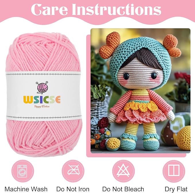 4 Pack Crochet Yarn, 560 Yard Soft Pink Yarn for Hand Knitting Decor Gifts | 60% Cotton, 40% Polyester, 4 x 50G Skeins, for Crochet and Knitting, Soft, Durable, for 3-4 mm Needles, 2-3 mm Crochet Hooks